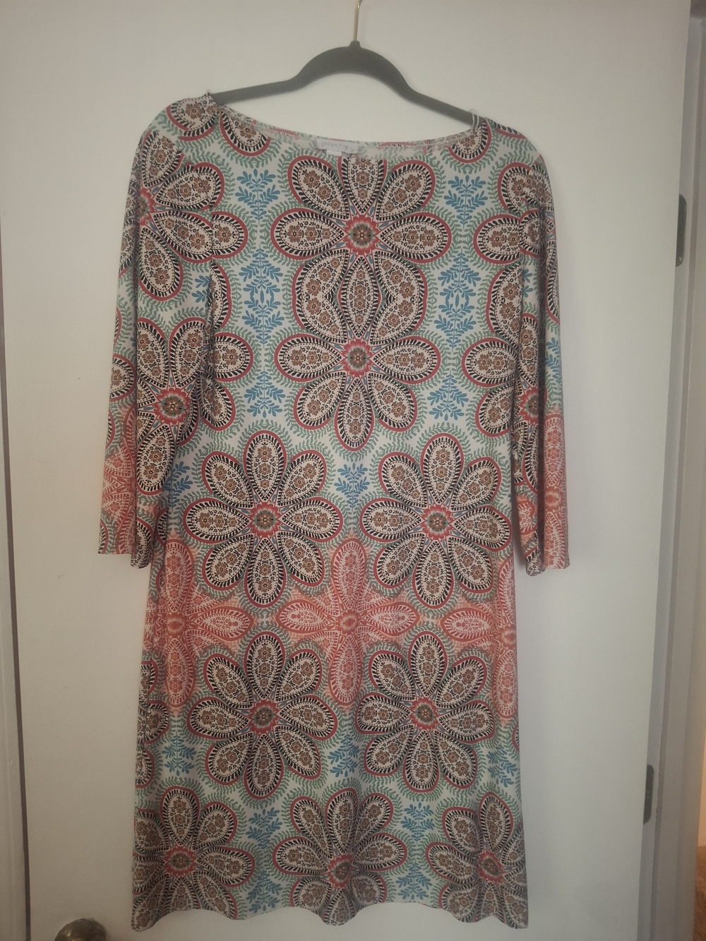London Times Floral Geometric Medallion Shift Dress in Coral & Teal